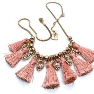 CHAPS Peach Cotton Tassels Necklace Goldtone Chain with Rhinestones